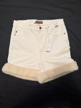Judy Blue White Denim Shorts with Cream Faux-Shearling Hem